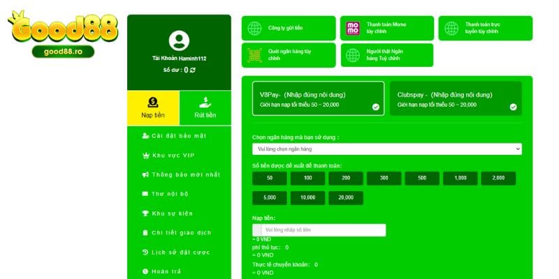 Nạp tiền Good88 qua số tài khoản người tùy chỉnh